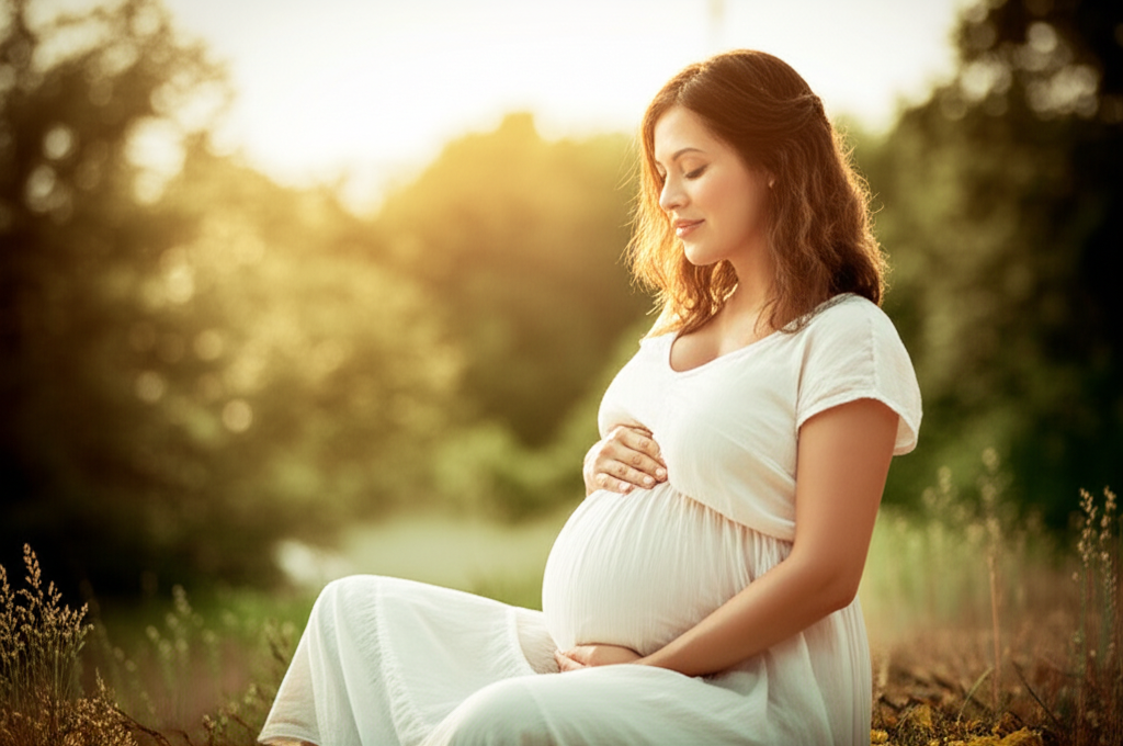 Peaceful expectant mother in natural setting